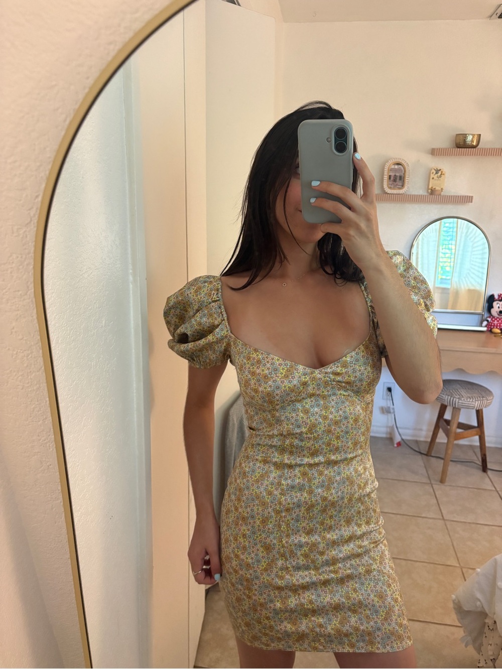 Zara Yellow Floral Puff-Sleeve Mini Dress